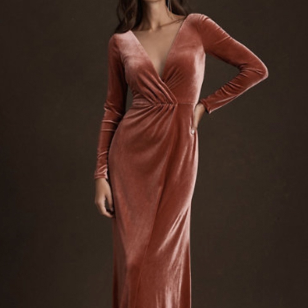 Jenny Yoo Ryland V-Neck Long-Sleeve Open-Back Velvet Gown